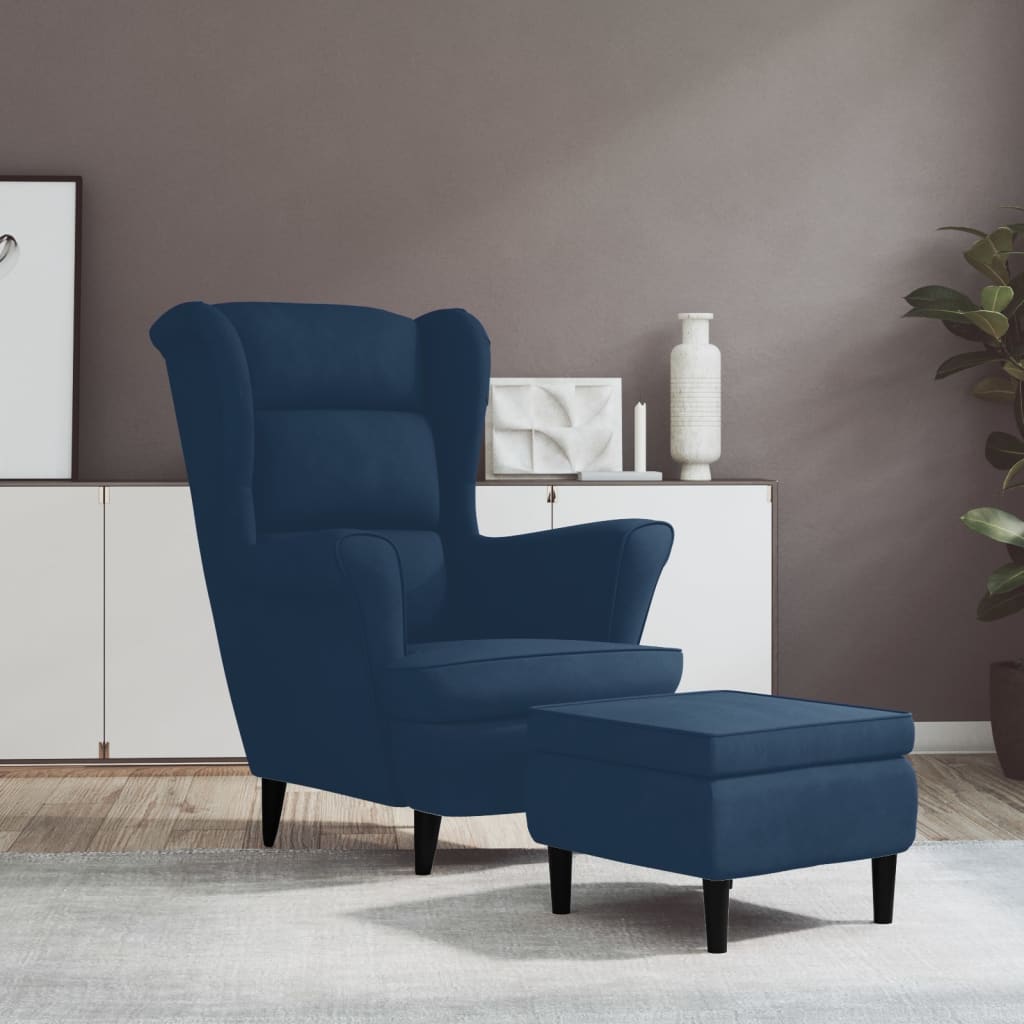 Fauteuil à oreilles avec tabouret bleu velours - XIOS