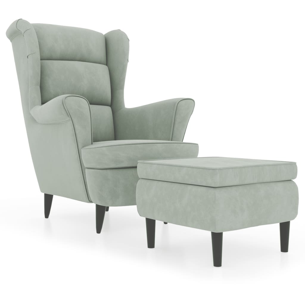 Fauteuil à oreilles avec tabouret gris clair velours - XIOS