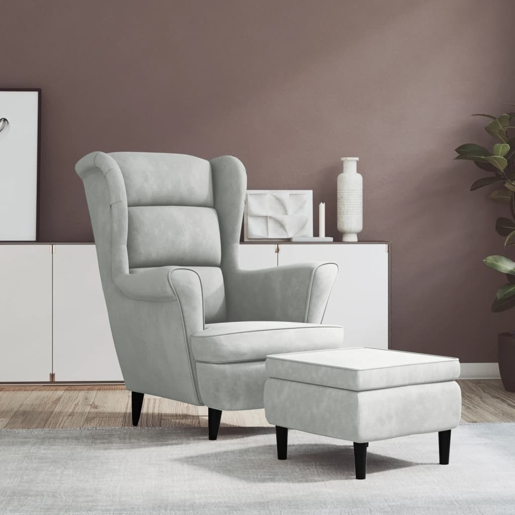 Fauteuil à oreilles avec tabouret gris clair velours - XIOS