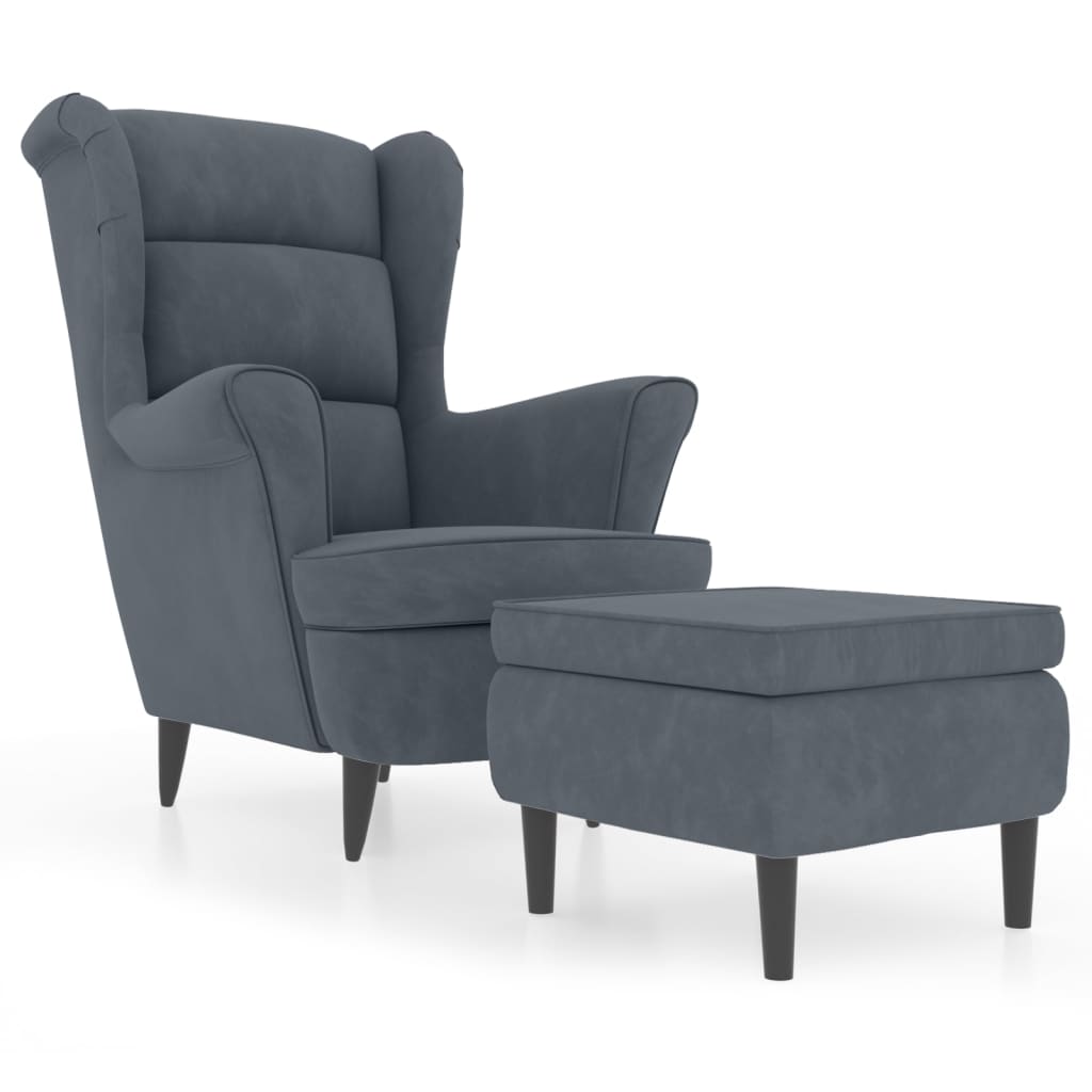 Fauteuil à oreilles avec tabouret gris foncé velours - XIOS