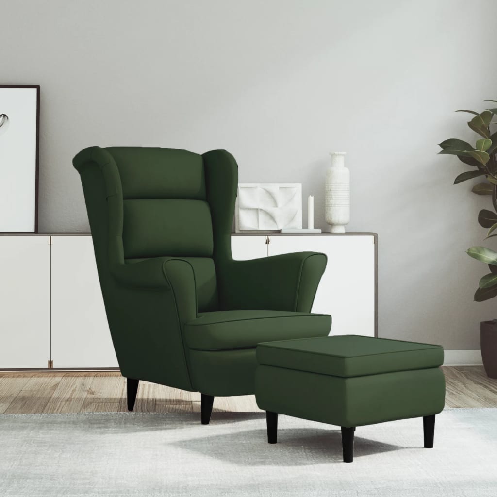 Fauteuil à oreilles avec tabouret vert foncé velours - XIOS