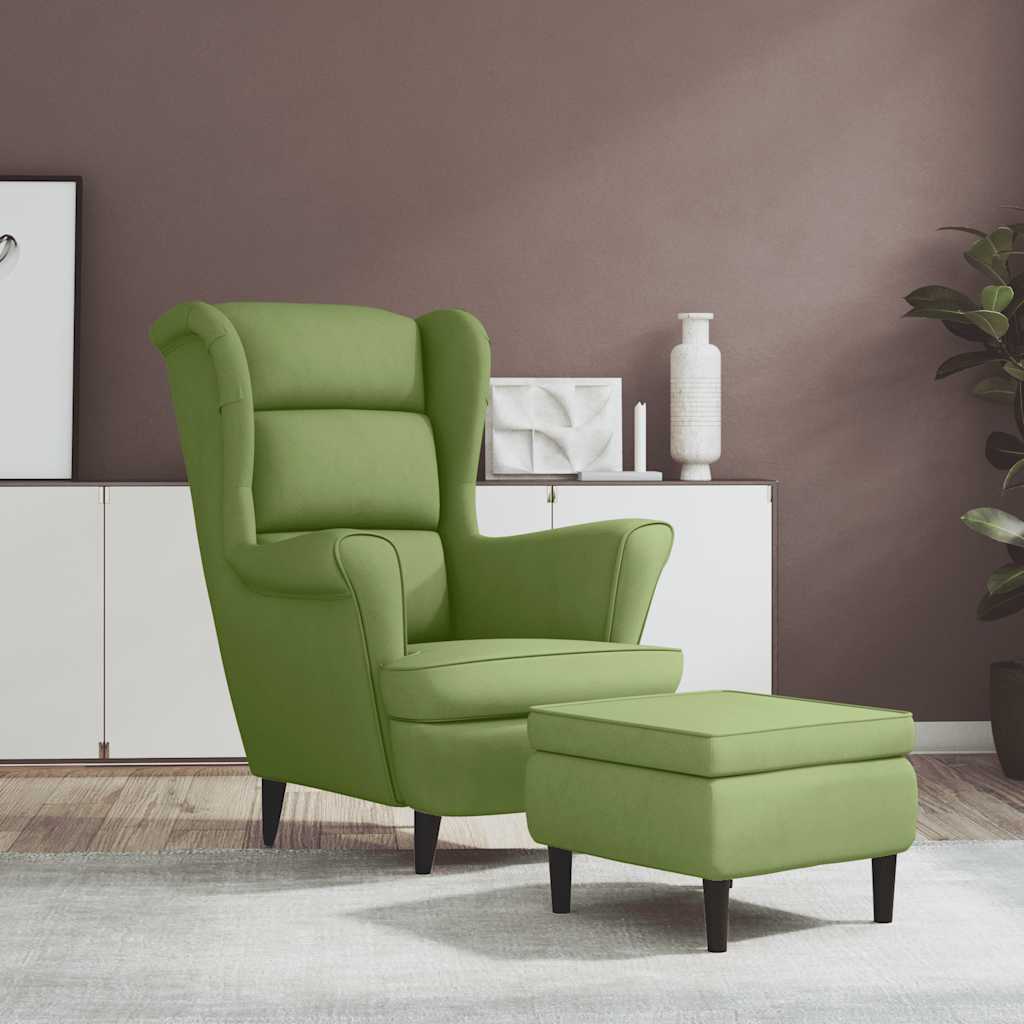 Fauteuil à oreilles avec tabouret vert clair velours - XIOS