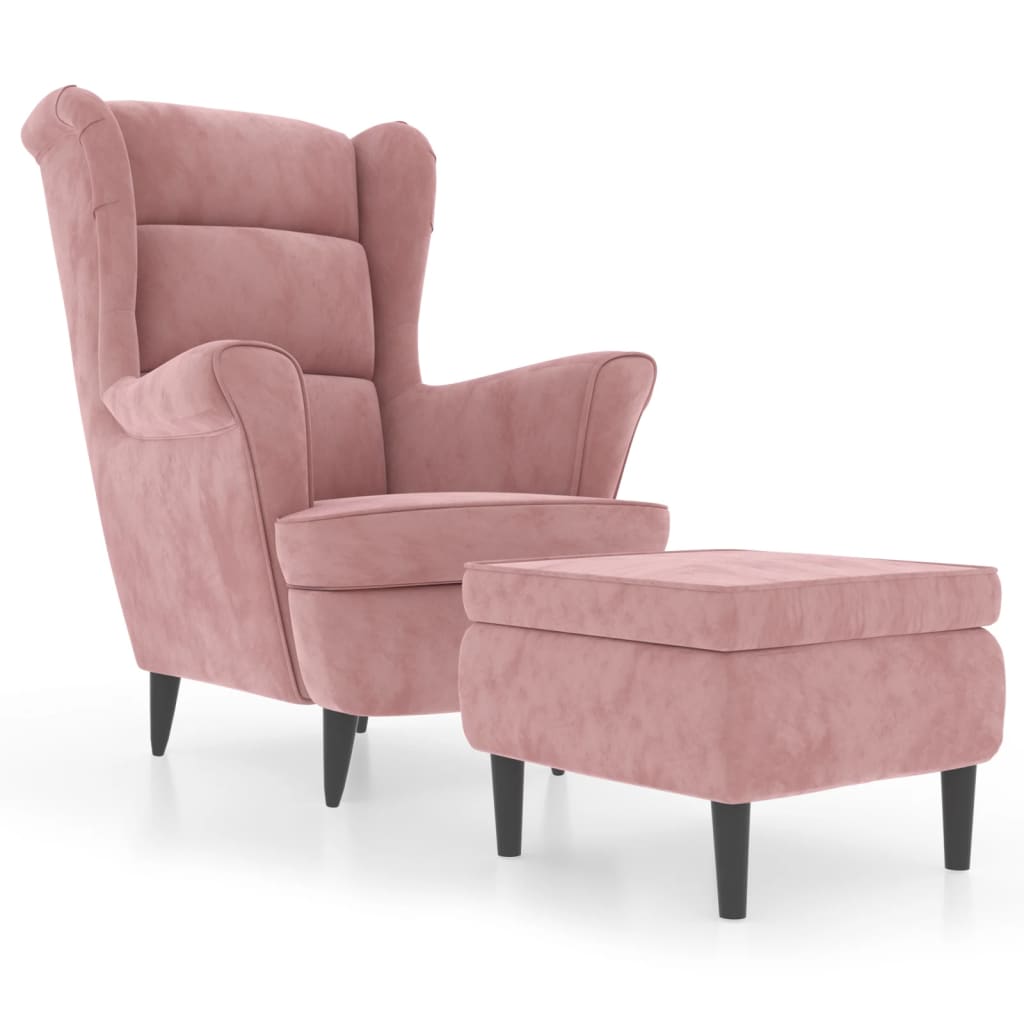 Fauteuil à oreilles avec tabouret rose velours - XIOS