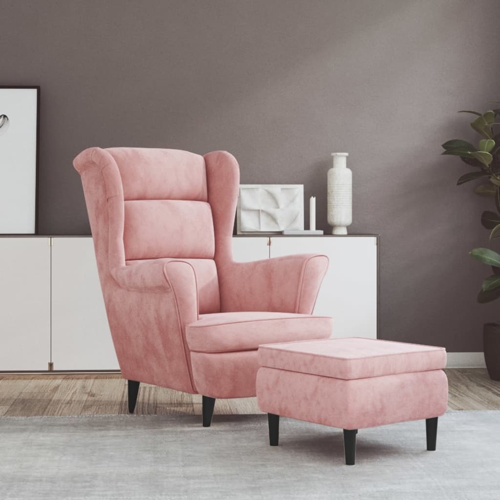 Fauteuil à oreilles avec tabouret rose velours - XIOS
