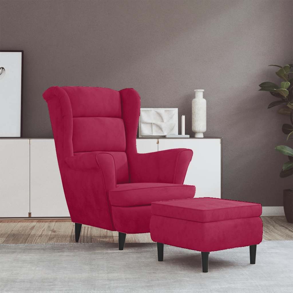Fauteuil à oreilles avec tabouret bordeaux velours - XIOS