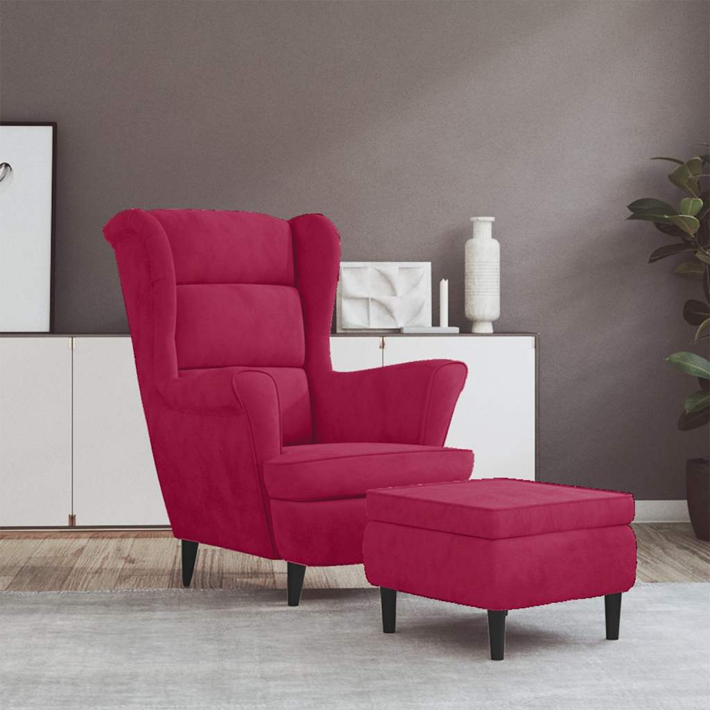 Fauteuil à oreilles avec tabouret bordeaux velours