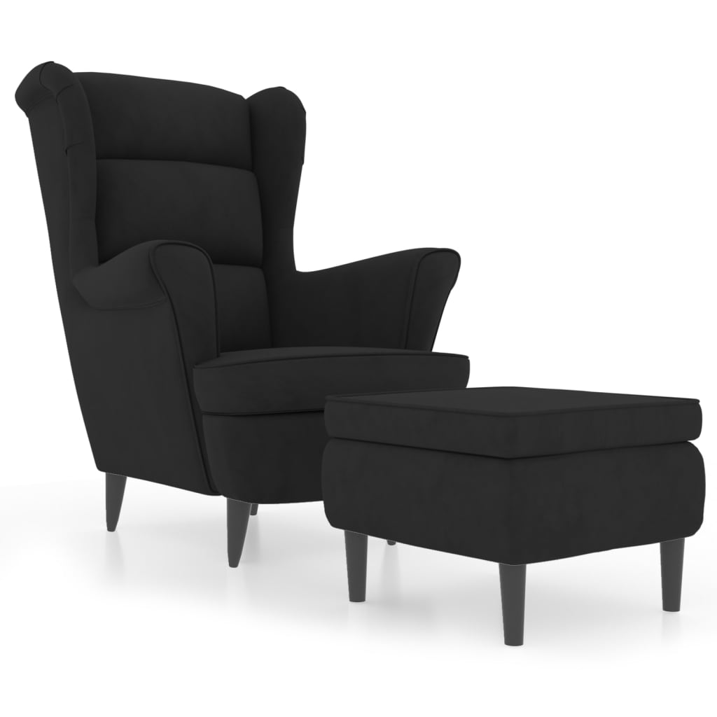 Fauteuil à oreilles avec tabouret noir velours - XIOS