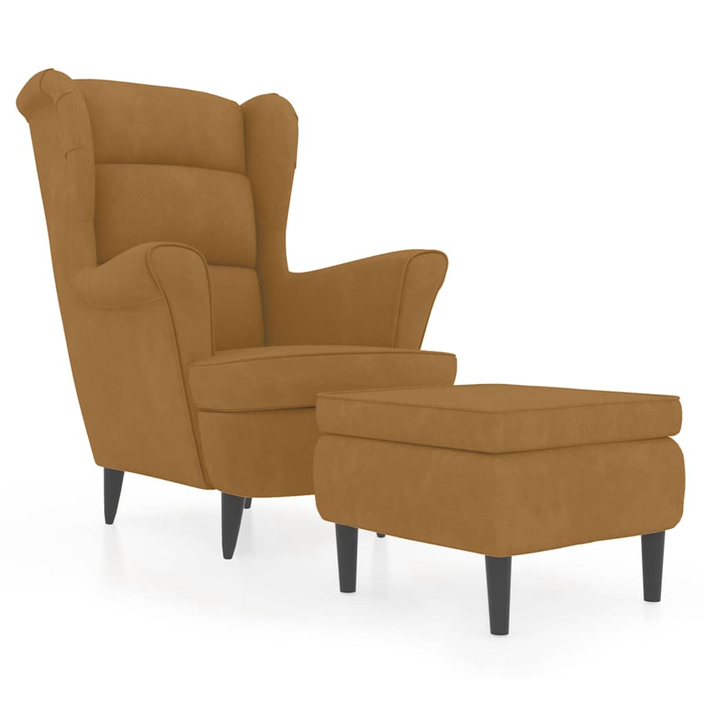 Fauteuil à oreilles avec tabouret marron velours - XIOS