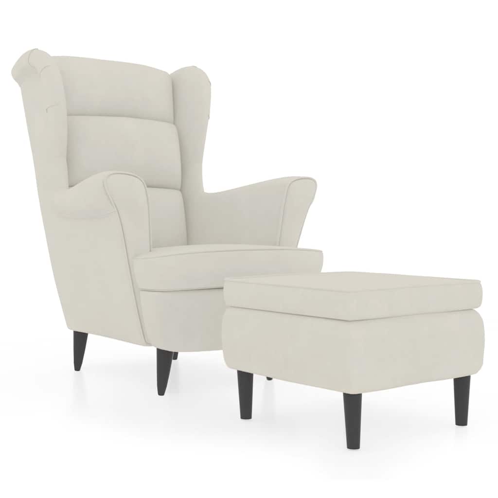 Fauteuil à oreilles avec tabouret crème velours - XIOS