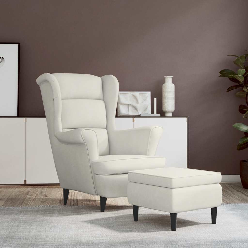 Fauteuil à oreilles avec tabouret crème velours - XIOS
