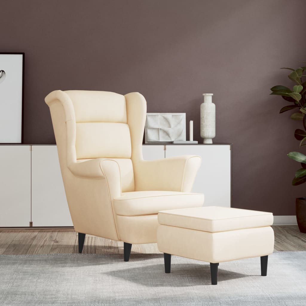 Fauteuil à oreilles avec tabouret crème velours - XIOS
