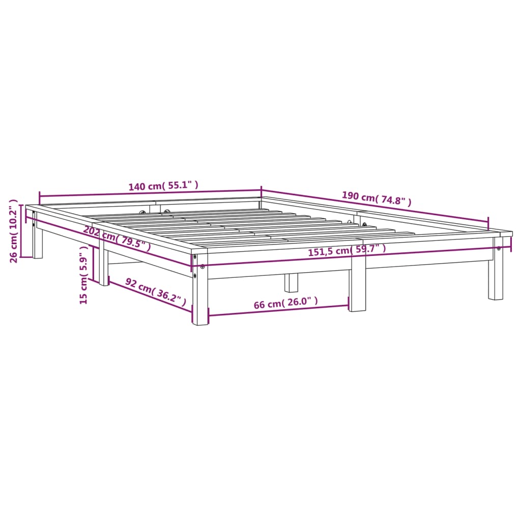 Cadre de lit sans matelas gris 140x190 cm bois de pin massif - XIOS