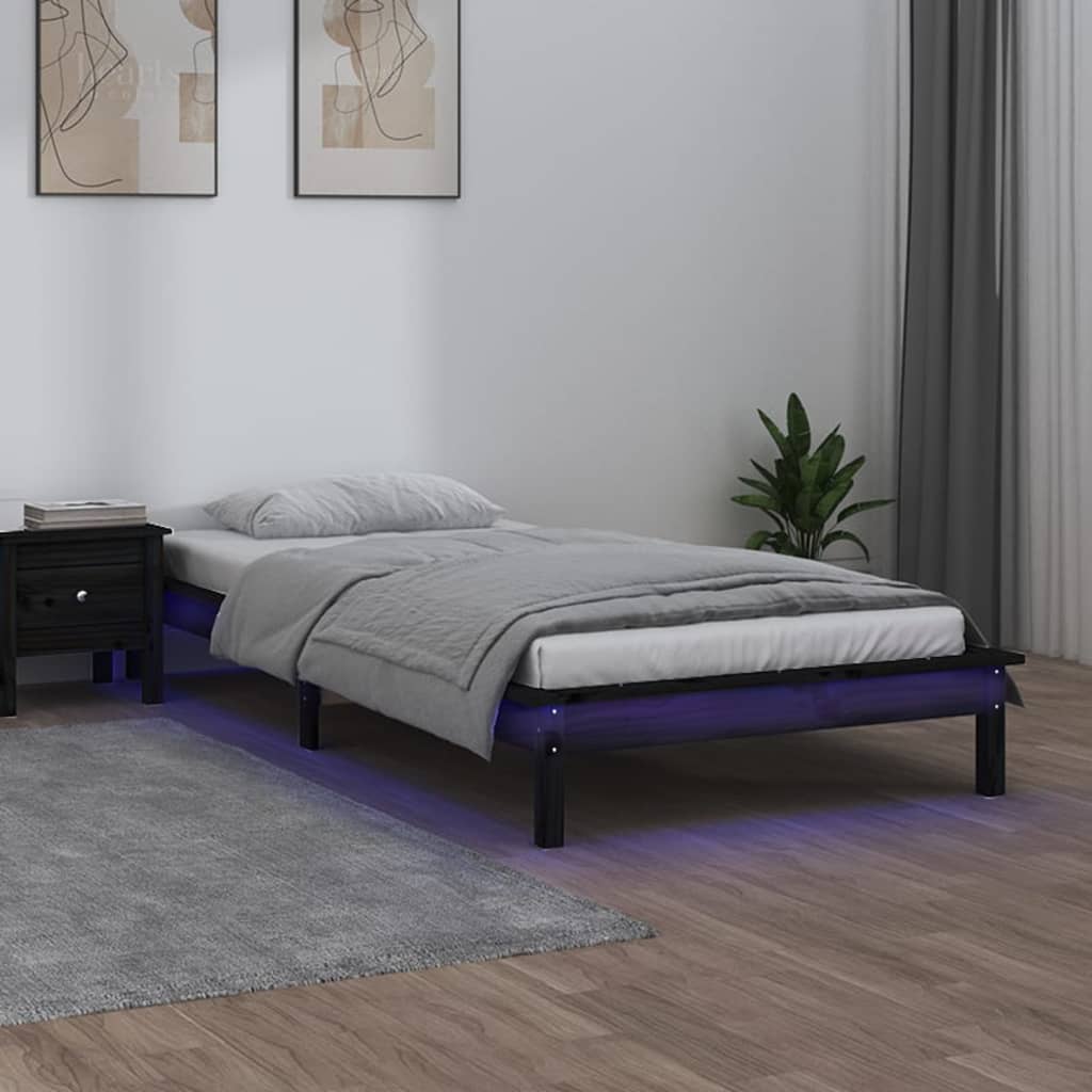 Cadre de lit à LED sans matelas noir 90x200 cm bois massif - XIOS