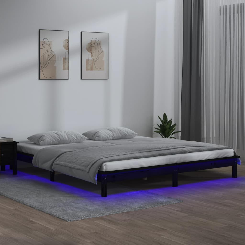 Cadre de lit à LED sans matelas noir 200x200 cm bois massif - XIOS