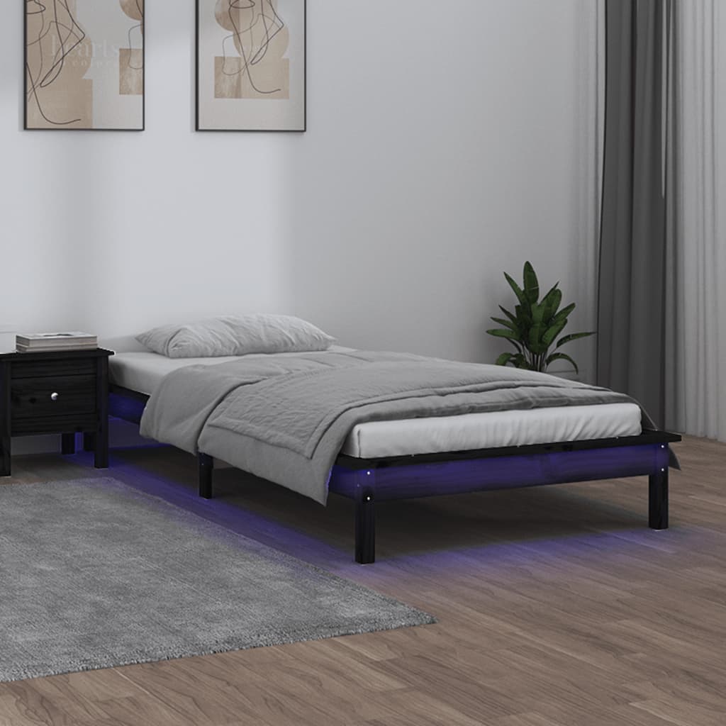 Cadre de lit à LED sans matelas noir 75x190 cm bois massif - XIOS