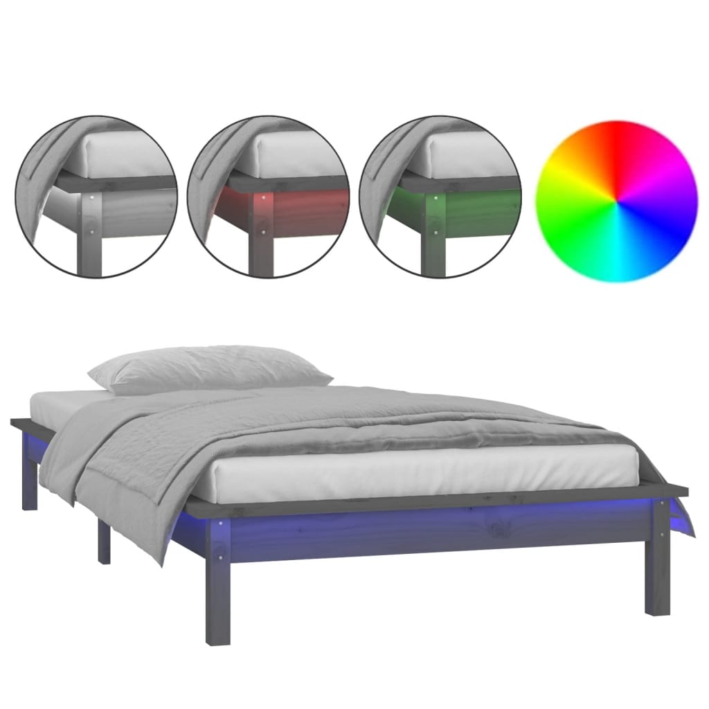 Cadre de lit à LED sans matelas gris 90x190 cm bois massif - XIOS