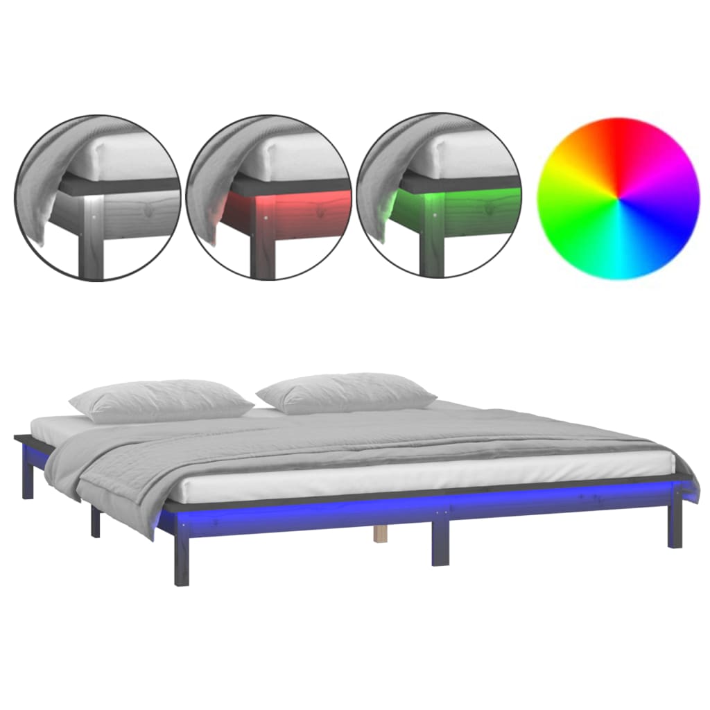 Cadre de lit à LED sans matelas gris 140x190 cm bois massif - XIOS