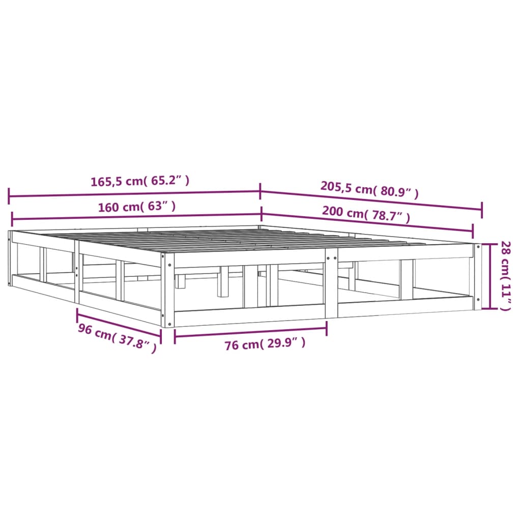 Cadre de lit sans matelas noir 160x200 cm bois massif - XIOS