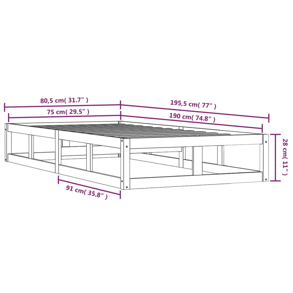 Cadre de lit sans matelas blanc 75x190 cm bois massif - XIOS