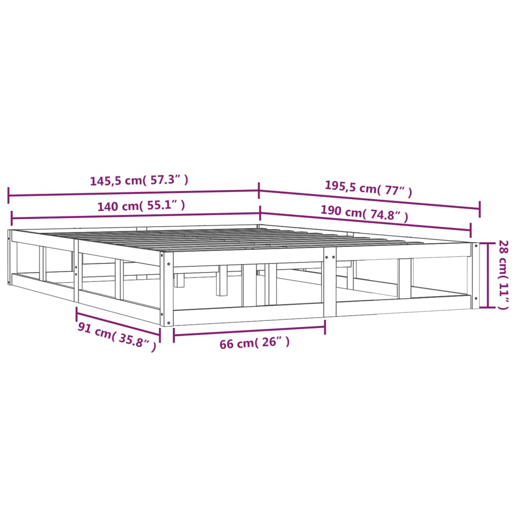 Cadre de lit sans matelas 140x190 cm bois massif - XIOS