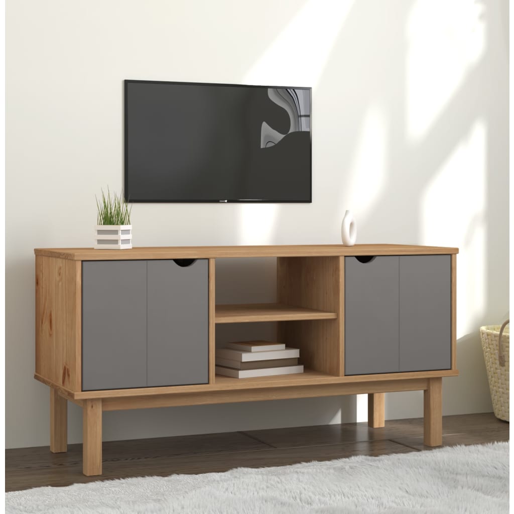 Meuble TV OTTA Marron et gris 113,5x43x57 cm Bois massif pin - XIOS