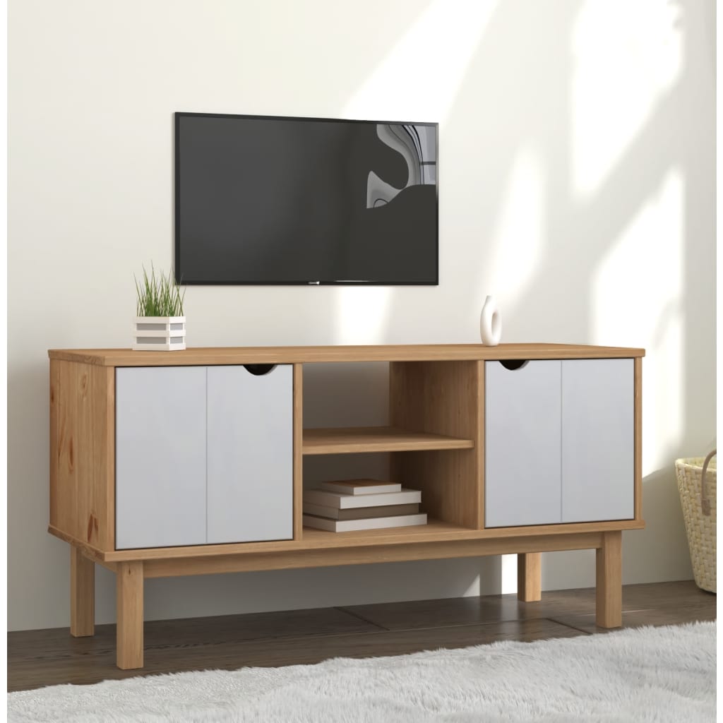 Meuble TV OTTA Marron et blanc 113,5x43x57cm Bois de pin massif - XIOS