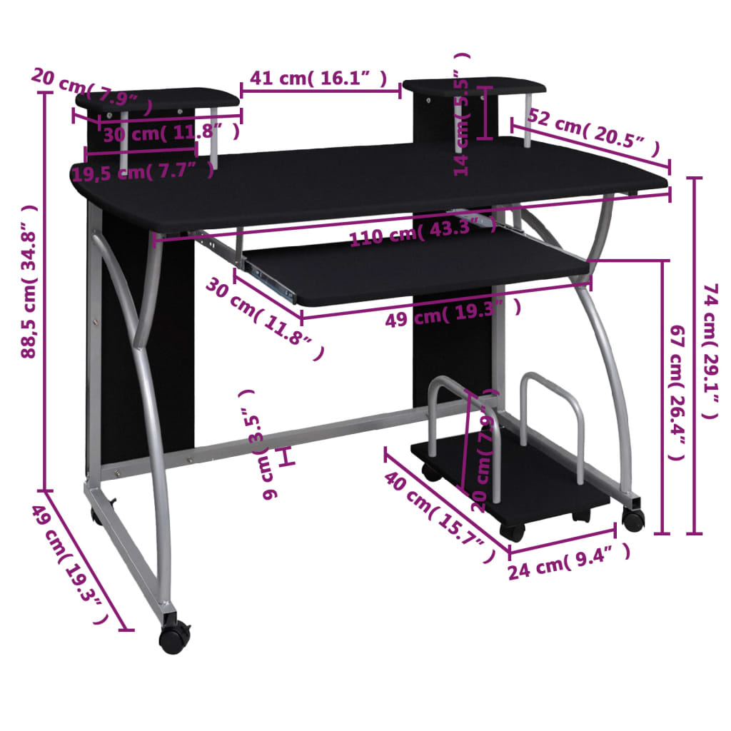 Bureau d'ordinateur Noir 110x52x88,5 cm Bois d’ingénierie - XIOS