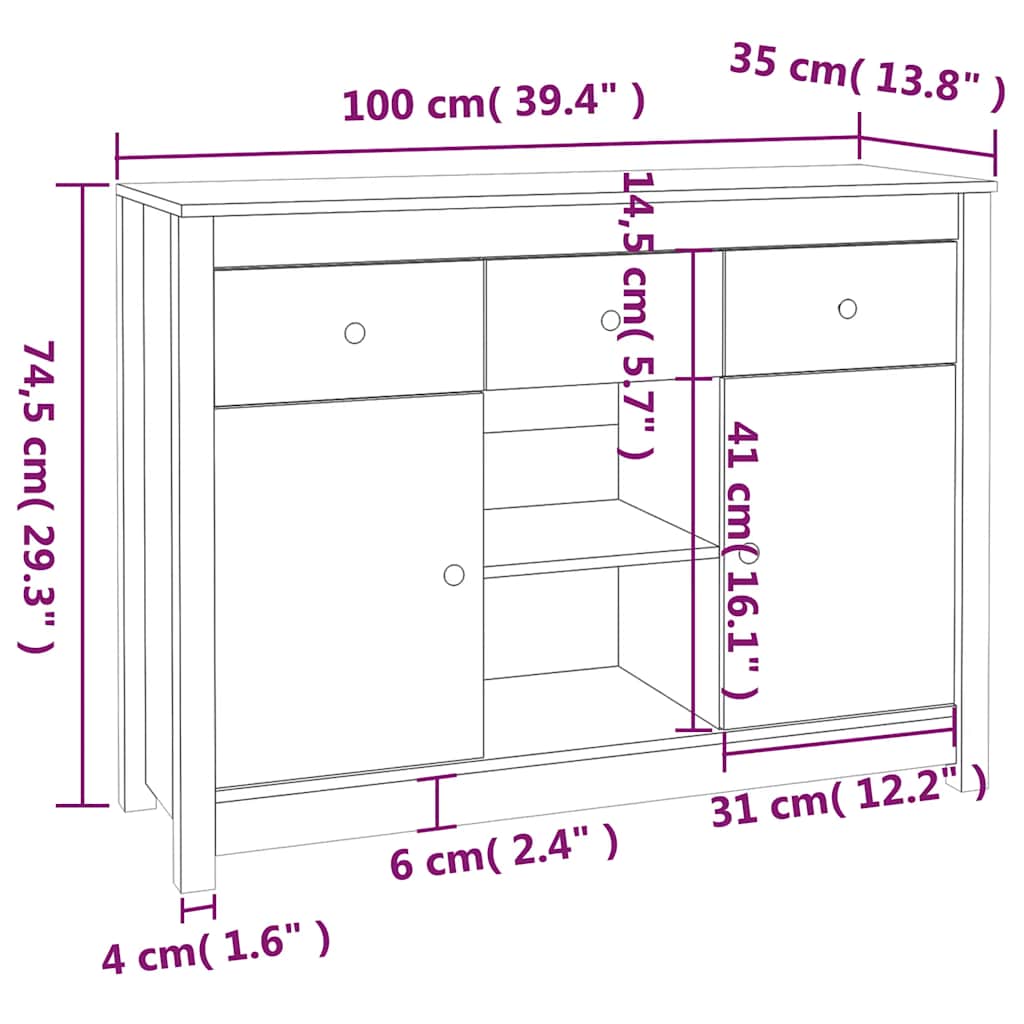 Buffet Noir 100x35x74,5 cm Bois massif de pin - XIOS