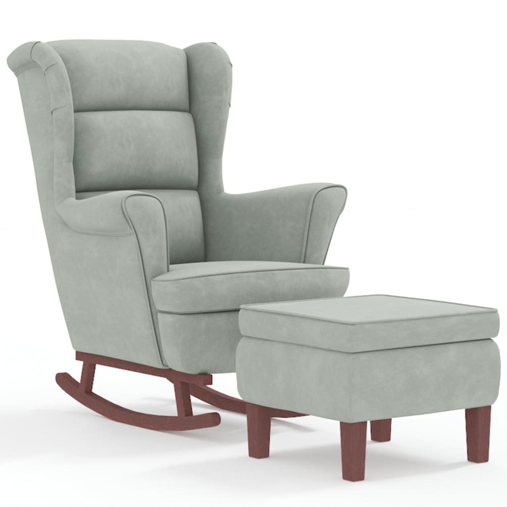 Fauteuil à bascule à oreilles en velours gris clair bois massif - XIOS