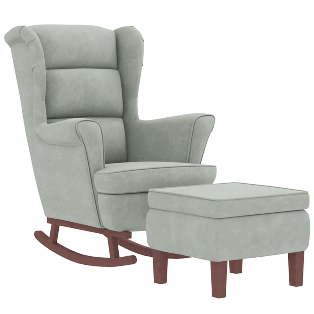 Fauteuil à bascule à oreilles en velours gris clair bois massif - XIOS