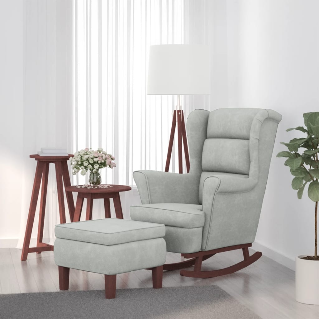 Fauteuil à bascule à oreilles en velours gris clair bois massif - XIOS