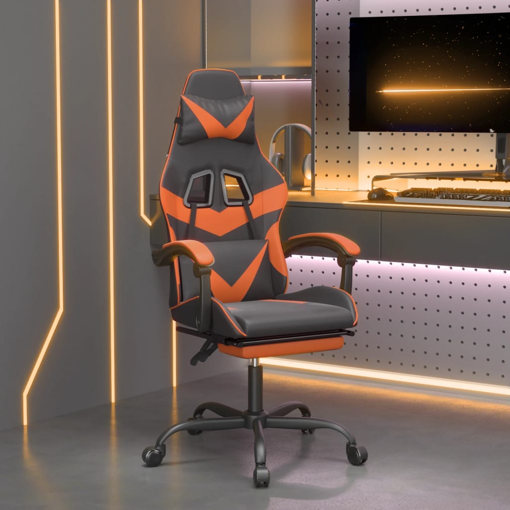 Chaise de jeu pivotante repose-pied Noir et orange Similicuir - XIOS