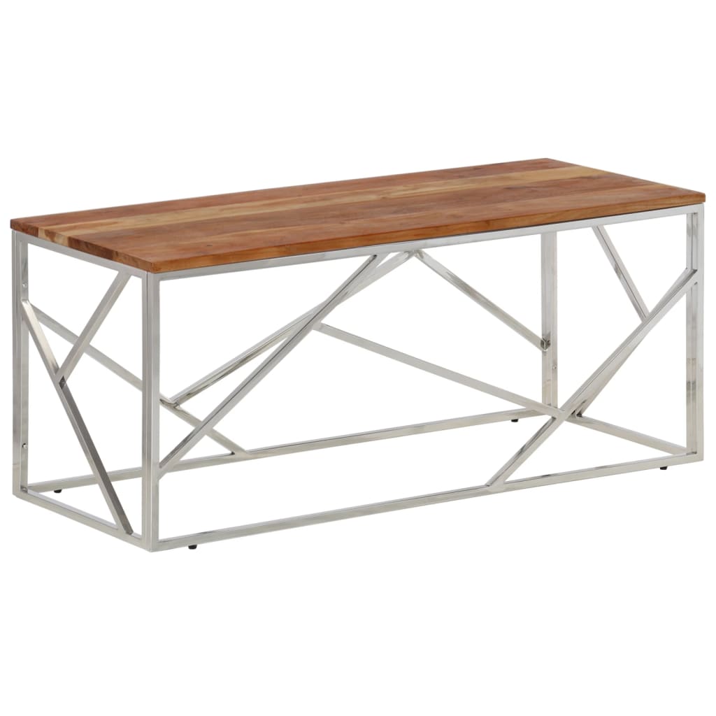 Table basse argenté acier inoxydable et bois massif d'acacia - XIOS