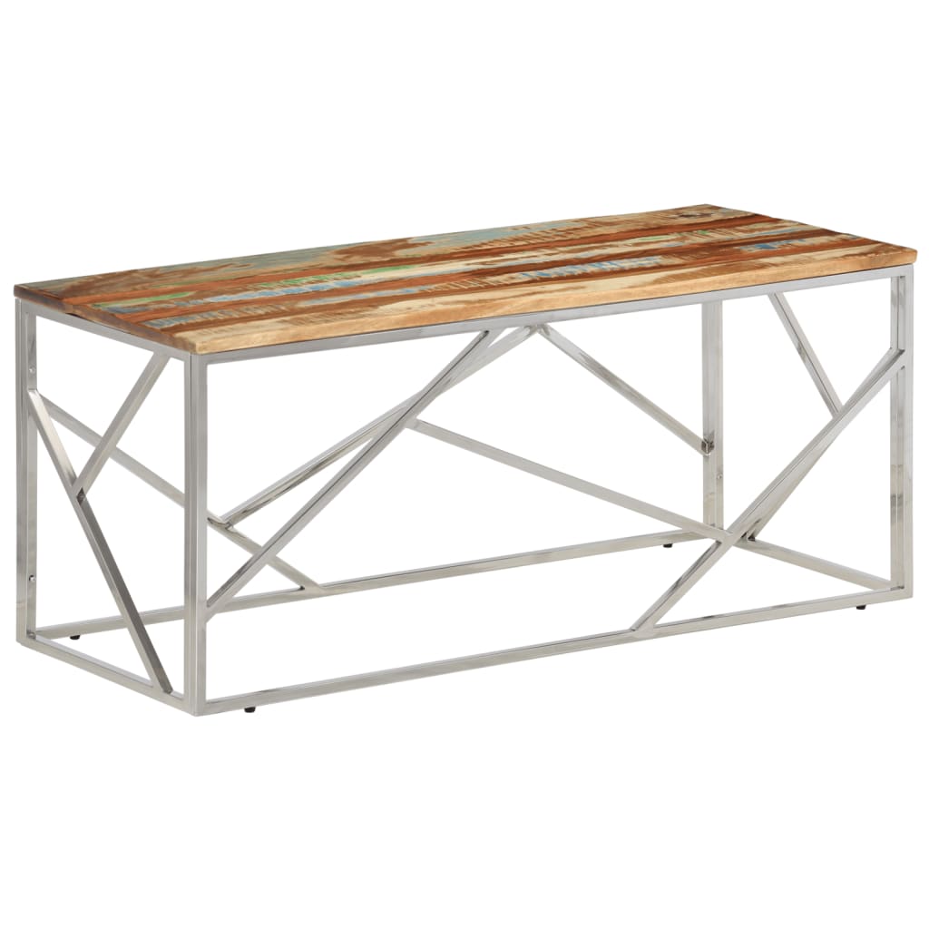 Table basse argenté inox et bois de récupération massif - XIOS