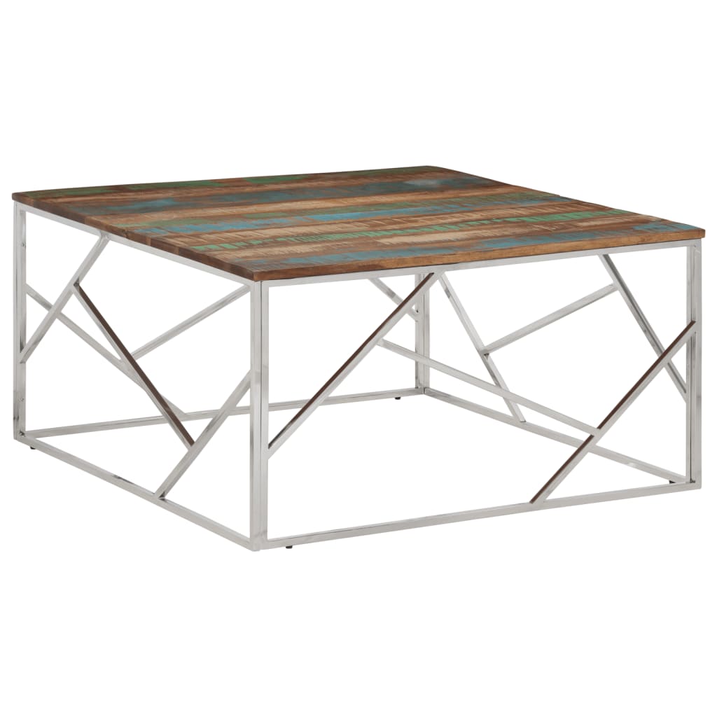 Table basse argenté acier inoxydable/bois massif récupération - XIOS