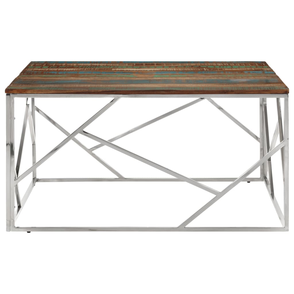 Table basse argenté acier inoxydable/bois massif récupération - XIOS