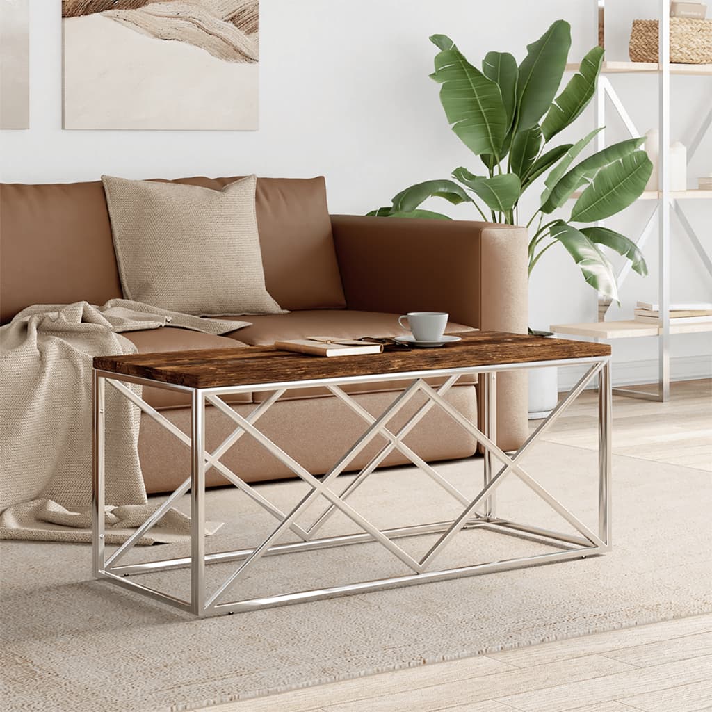 Table basse acier inoxydable et bois massif de récupération - XIOS
