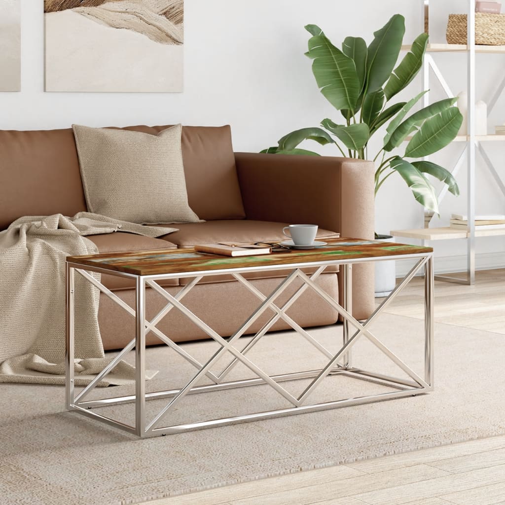 Table basse acier inoxydable et bois massif de récupération - XIOS