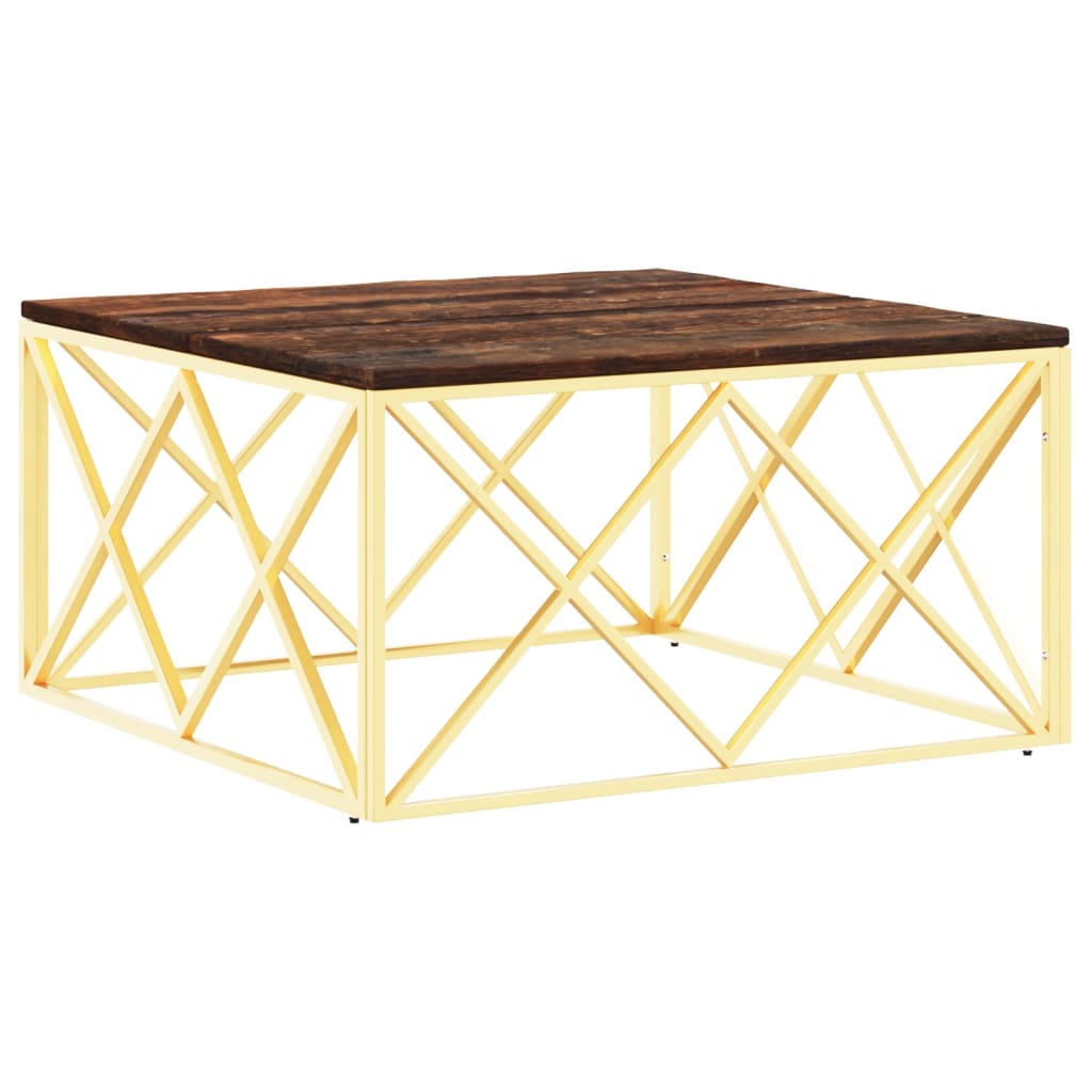 Table basse doré acier inoxydable et bois massif récupération - XIOS
