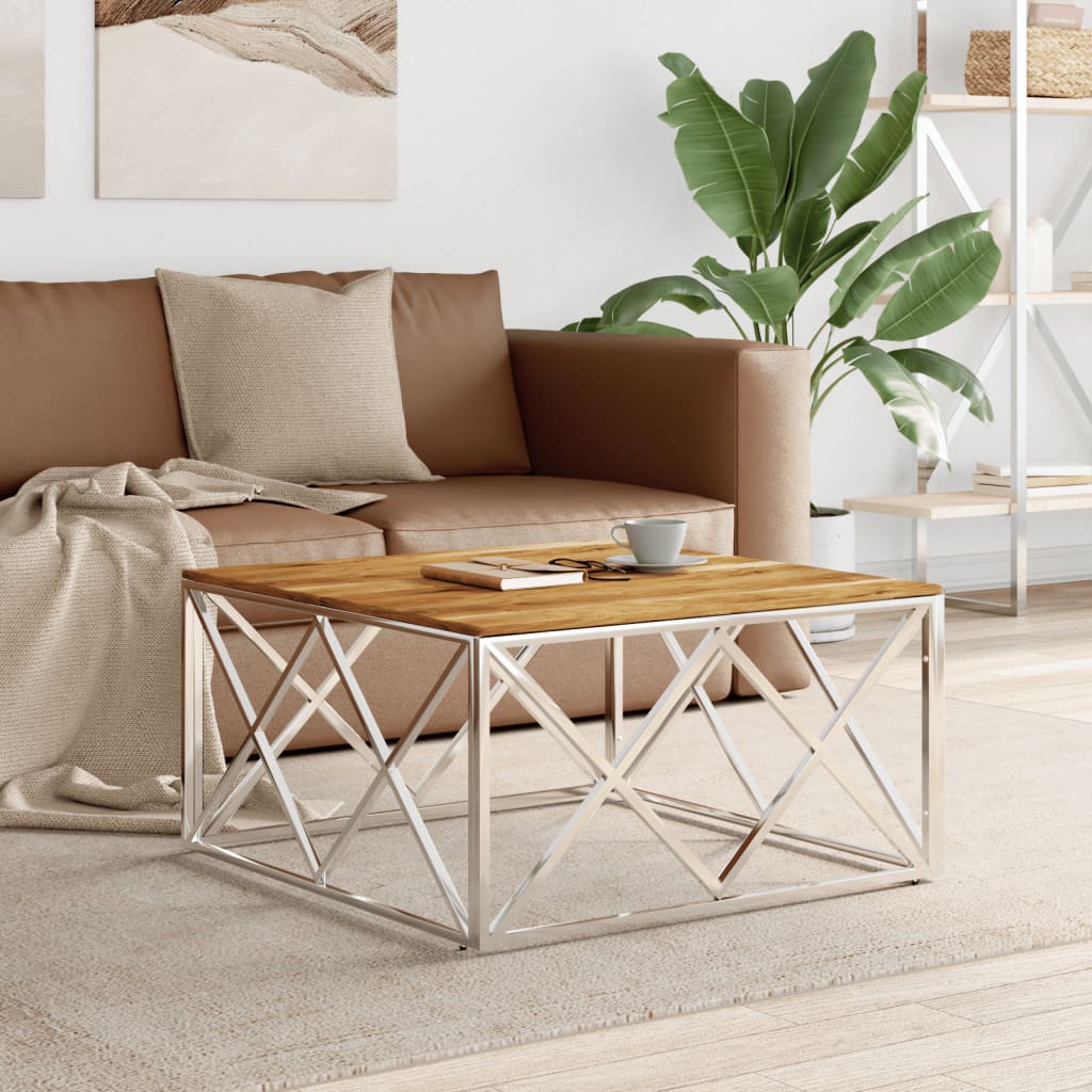 Table basse argenté acier inoxydable et bois massif d'acacia - XIOS