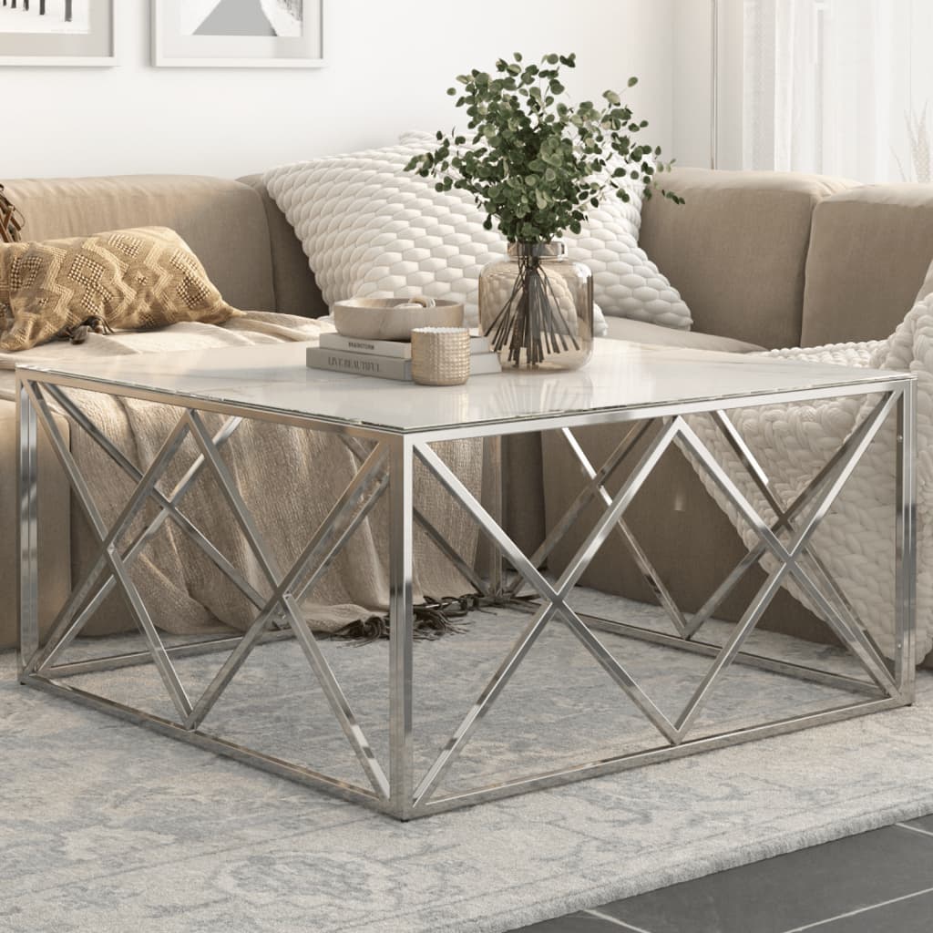 Table basse argenté acier inoxydable et verre trempé - XIOS
