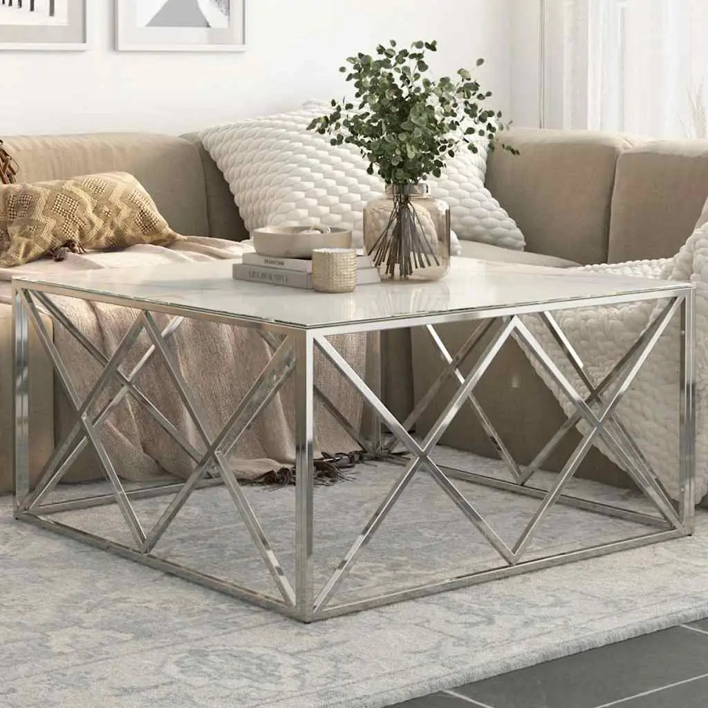 Table basse argenté acier inoxydable et verre trempé - XIOS