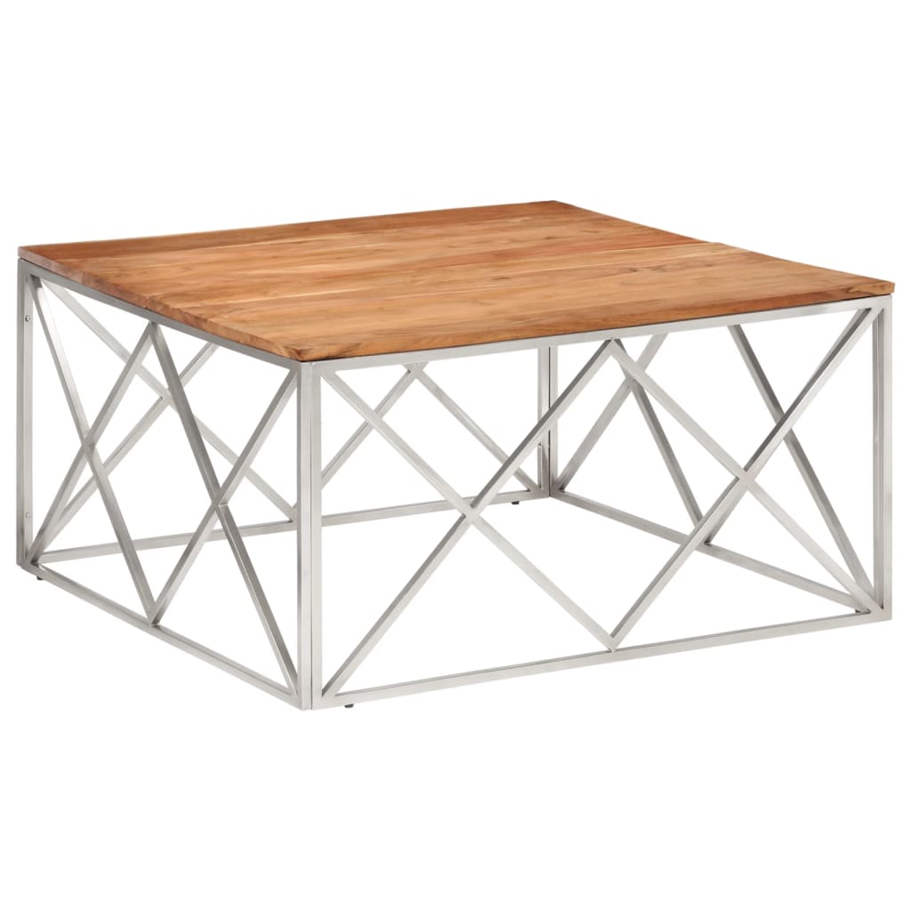 Table basse argenté acier inoxydable et bois massif d'acacia - XIOS