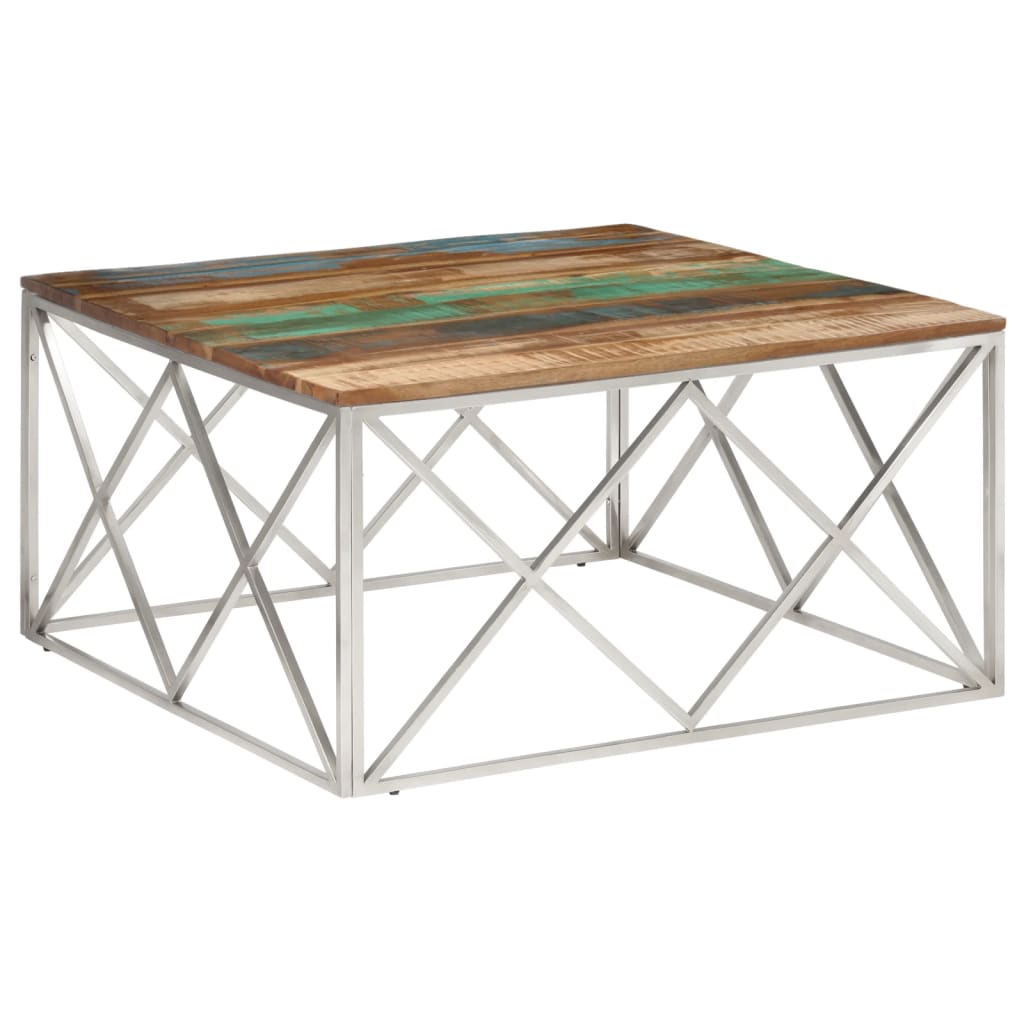 Table basse argenté inox et bois de récupération massif - XIOS