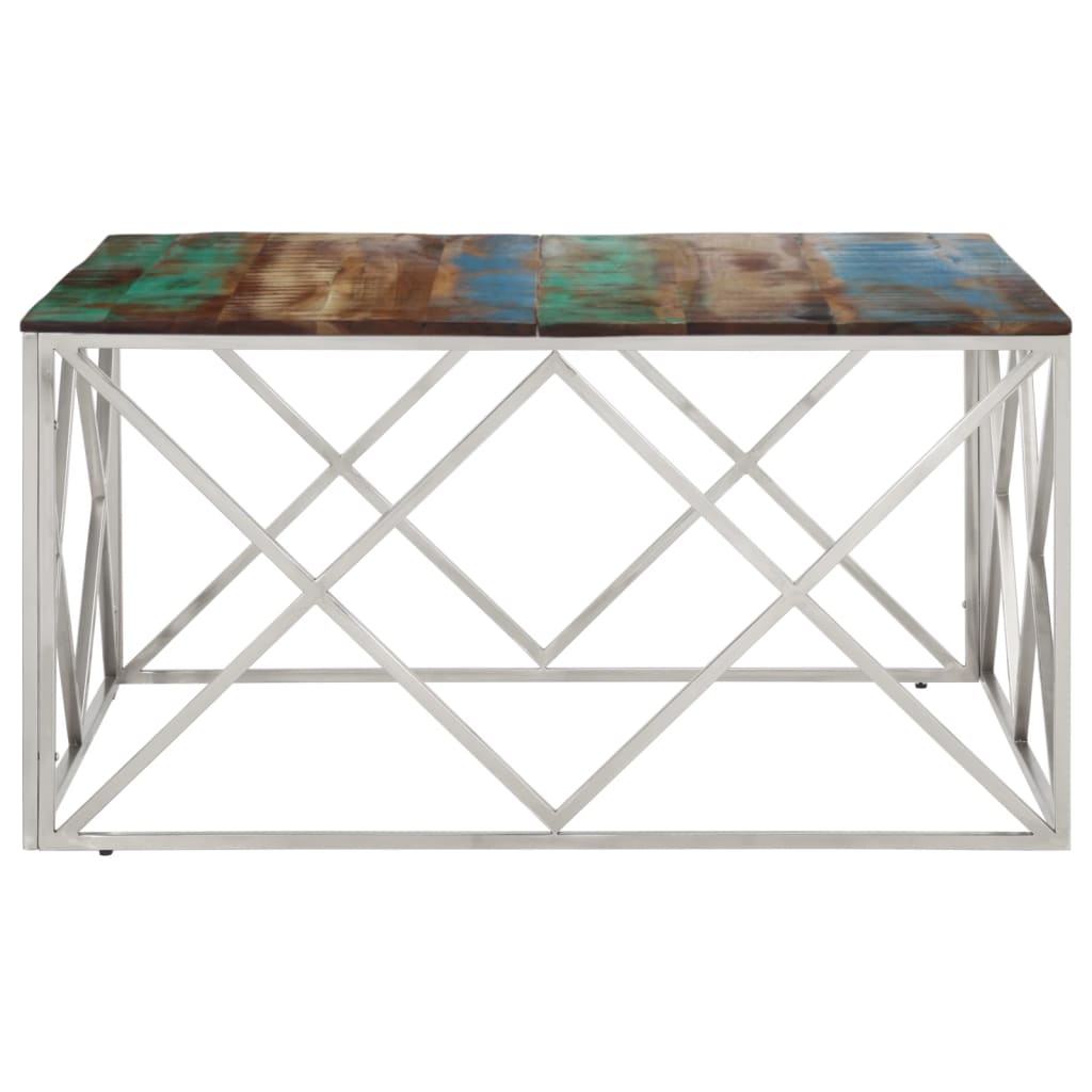 Table basse argenté inox et bois de récupération massif - XIOS