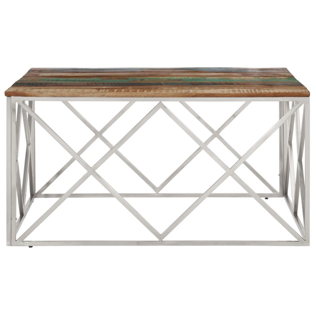Table basse argenté inox et bois de récupération massif - XIOS