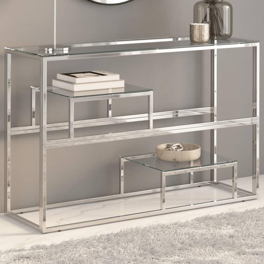 Table console argenté acier inoxydable et verre trempé - XIOS