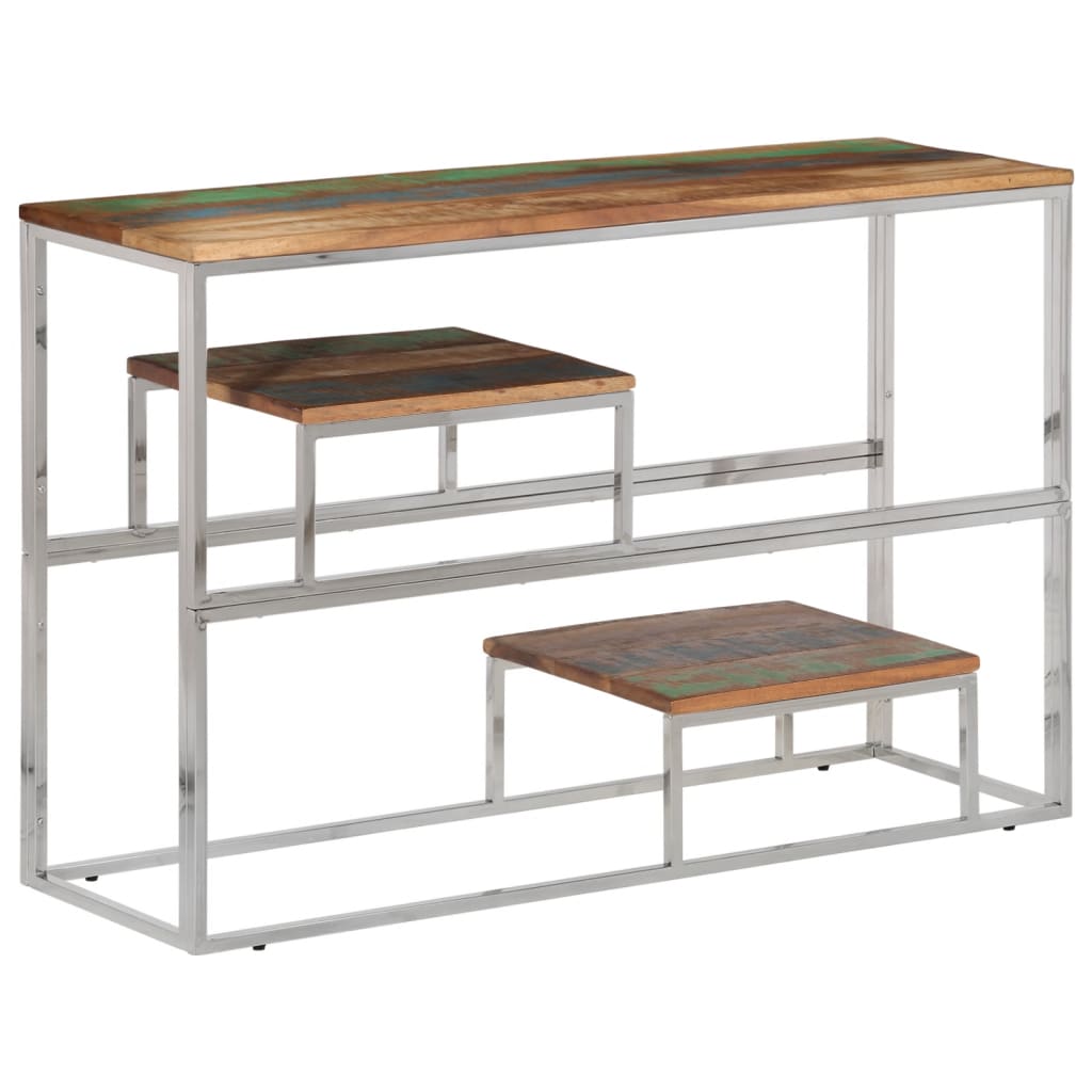 Table console argenté inox et bois de récupération massif - XIOS