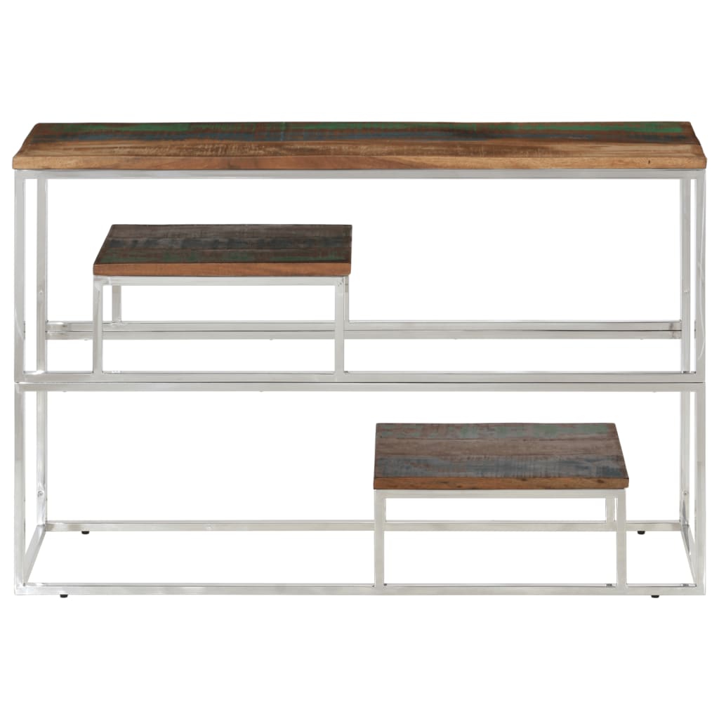 Table console argenté inox et bois de récupération massif - XIOS
