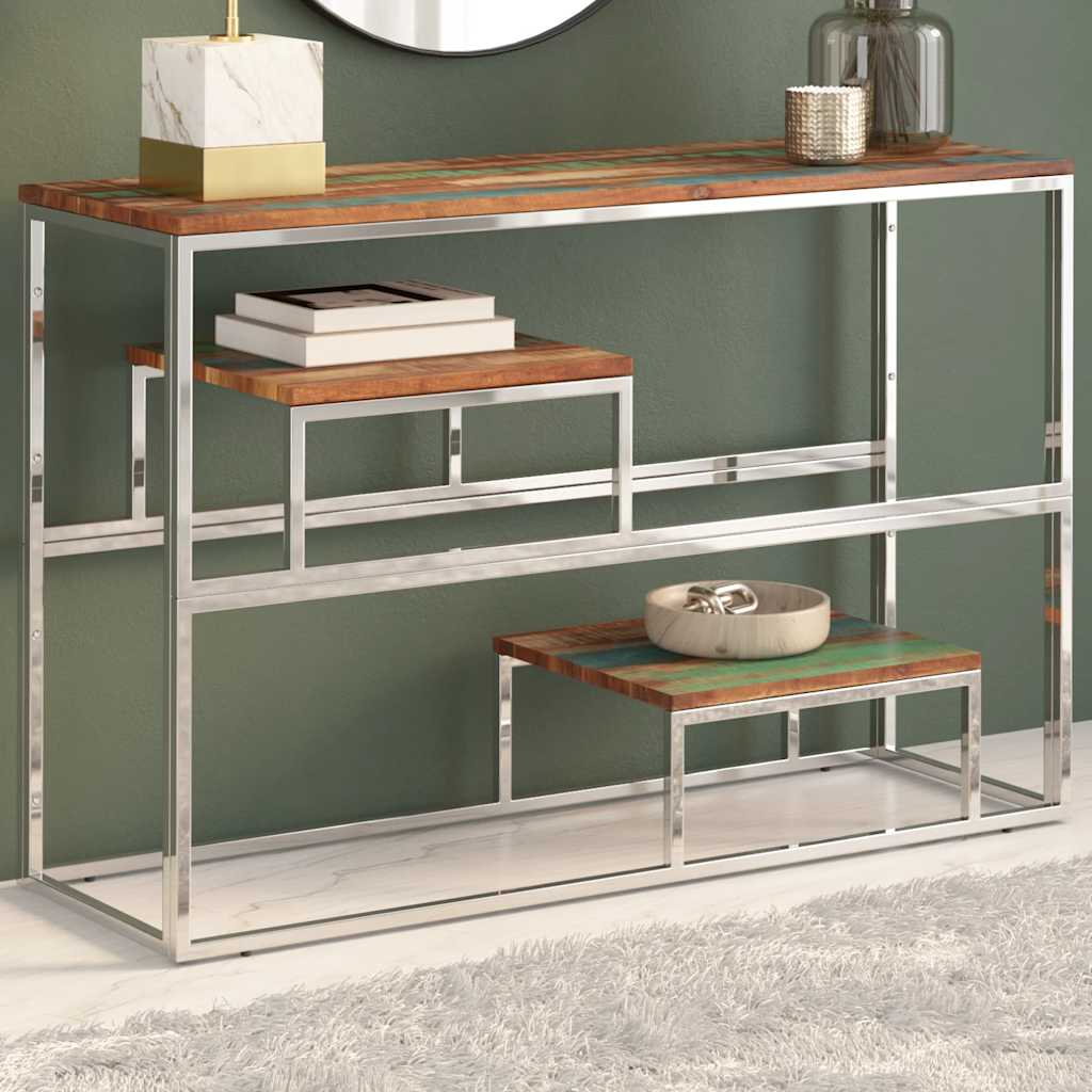 Table console argenté inox et bois de récupération massif - XIOS